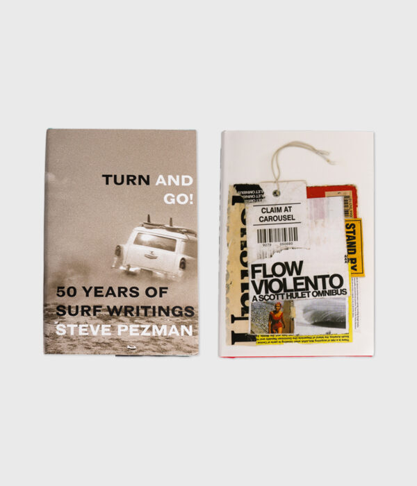 Turn and Go! 50 Years of Surf Writings by Steve Pezman and Flow Violento by Scott Hulet books displayed side by side against a light gray background.