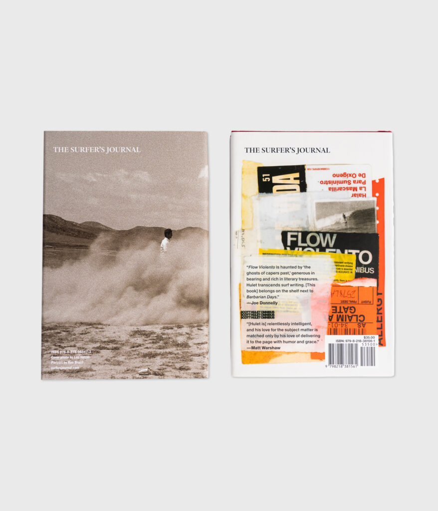 Back covers of Turn and Go! 50 Years of Surf Writings by Steve Pezman and Flow Violento by Scott Hulet displayed side by side.